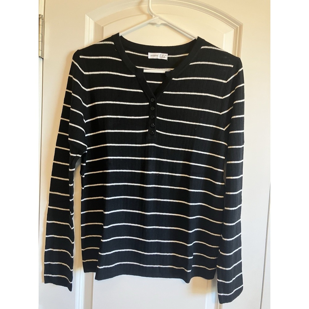 Lavidence Sweater Women Medium Black NWT Striped Henley Ribbed Knit C154